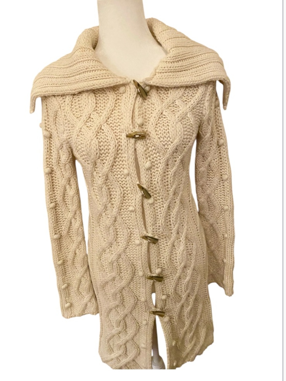 Caryn Vallone Cream Cable Knit Long Cardigan Sweater S Shawl Collar Toggle Front